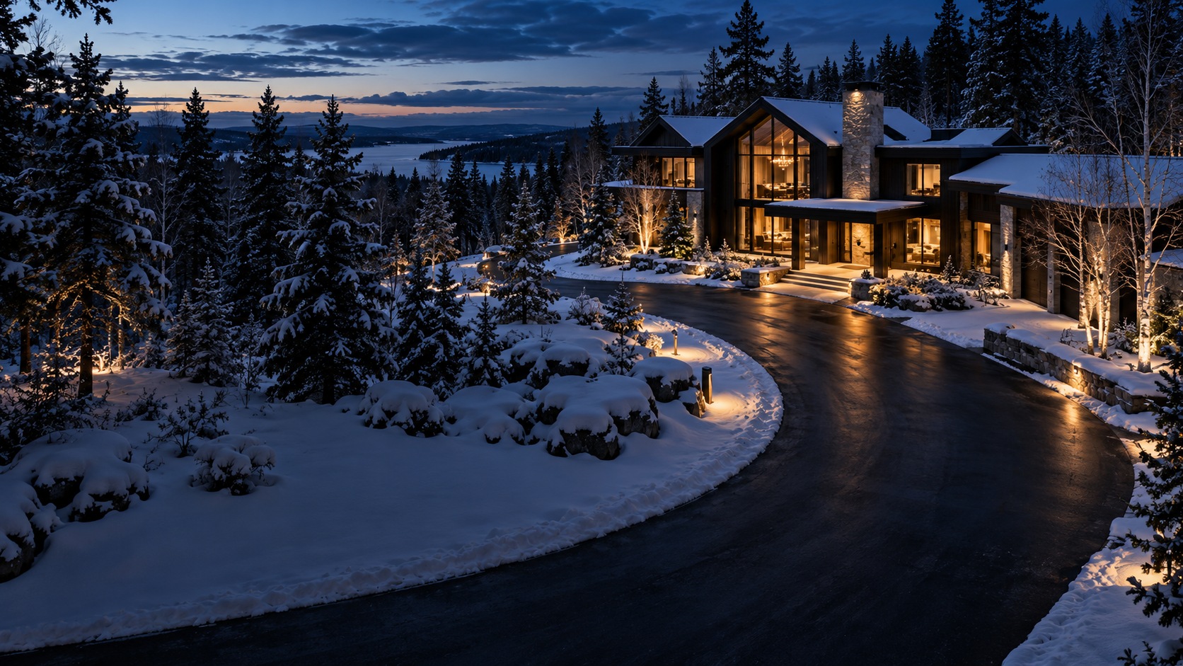 Concept winter landscape with a cleared driveway and modern Canadian estate